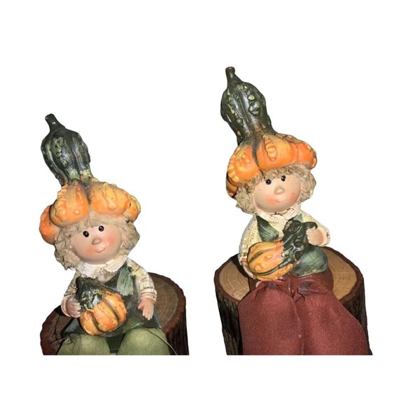 Fall/ Autumn Decor- Children with gourd Hats Sitting on Logs - Picture 2 of 9